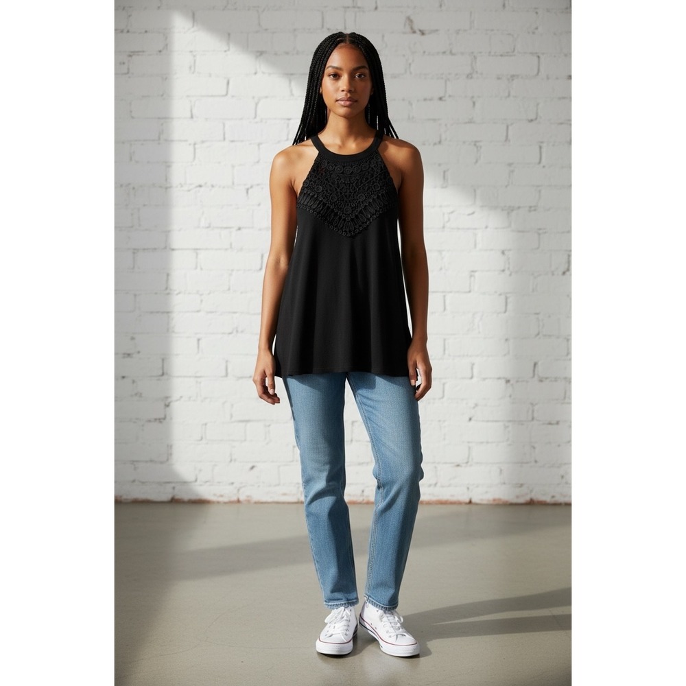 Cable & Gauge Womens Black Crochet Lace Bib Halter Neck Sleeveless Tank Top L - Picture 2 of 5